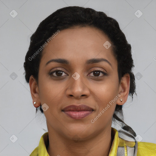 Joyful latino young-adult female with short  black hair and brown eyes