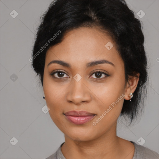 Joyful latino young-adult female with medium  black hair and brown eyes