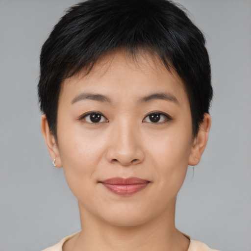 Joyful asian young-adult female with short  brown hair and brown eyes