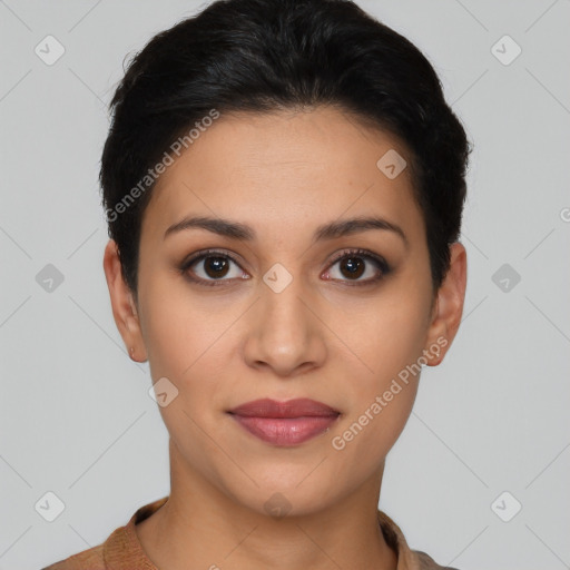 Joyful latino young-adult female with short  black hair and brown eyes