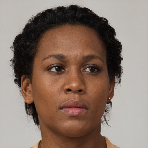 Neutral black young-adult female with short  brown hair and brown eyes