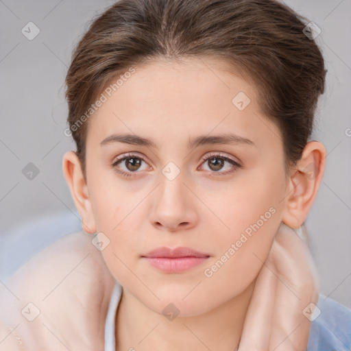 Neutral white young-adult female with short  brown hair and brown eyes