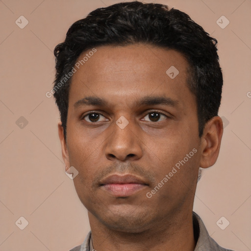 Neutral latino young-adult male with short  black hair and brown eyes