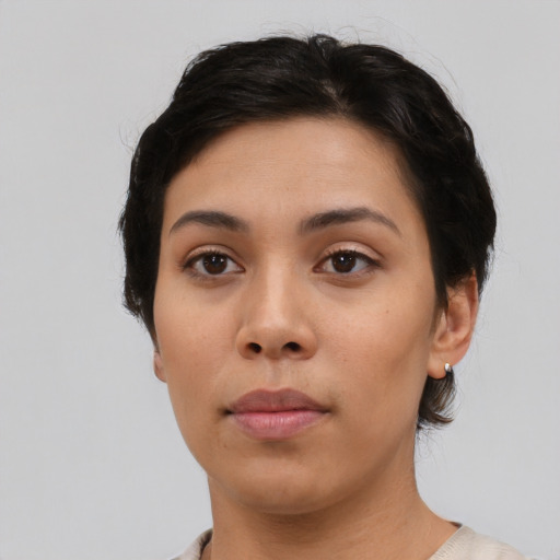 Neutral asian young-adult female with short  black hair and brown eyes