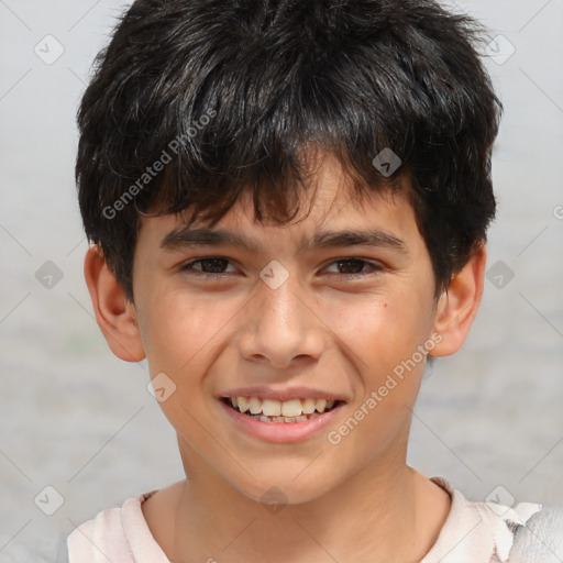 Joyful white child male with short  brown hair and brown eyes