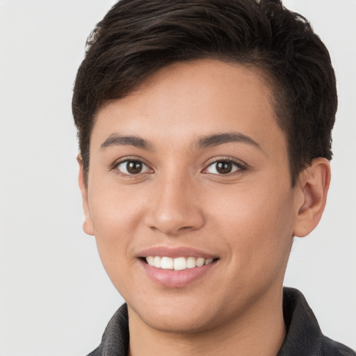 Joyful white young-adult female with short  brown hair and brown eyes