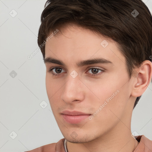 Neutral white young-adult male with short  brown hair and brown eyes