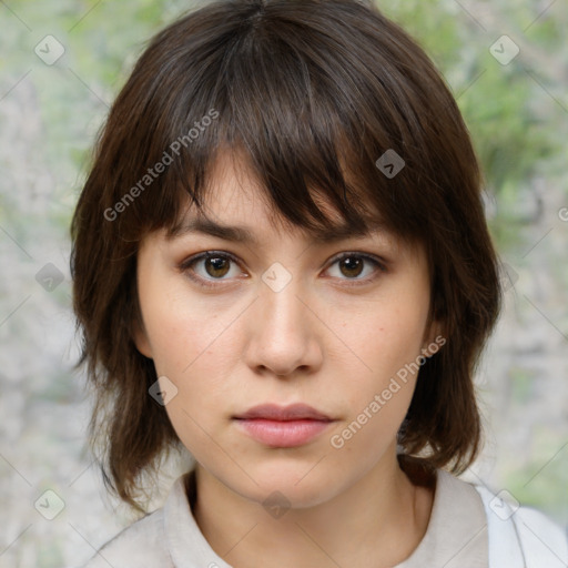 Neutral white young-adult female with medium  brown hair and brown eyes