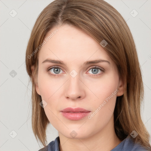 Neutral white young-adult female with medium  brown hair and grey eyes