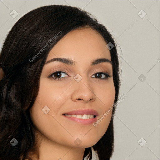 Joyful latino young-adult female with long  black hair and brown eyes