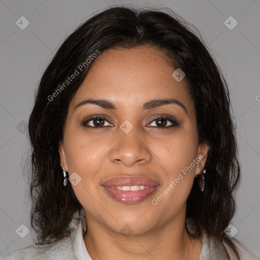 Joyful black young-adult female with medium  brown hair and brown eyes