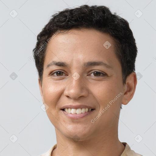 Joyful white young-adult female with short  brown hair and brown eyes