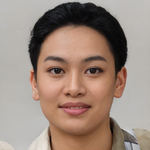 Joyful asian young-adult female with short  black hair and brown eyes