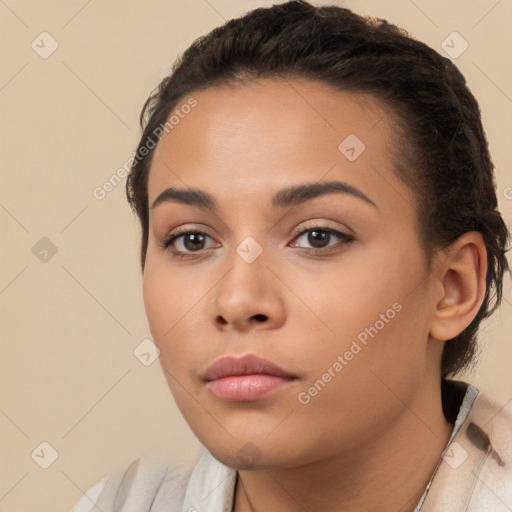 Neutral white young-adult female with short  brown hair and brown eyes