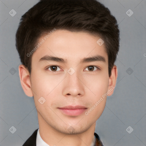 Neutral white young-adult male with short  brown hair and brown eyes