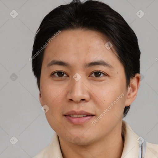 Joyful white adult male with short  brown hair and brown eyes