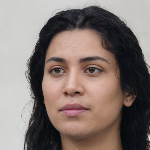 Neutral latino young-adult female with long  black hair and brown eyes