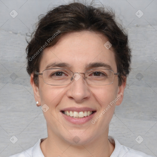 Joyful white adult female with short  brown hair and brown eyes