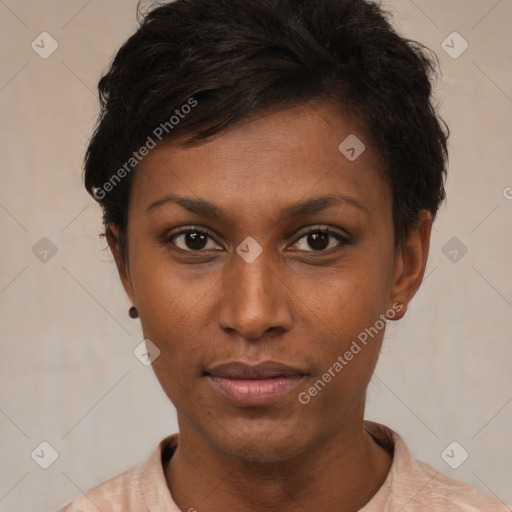 Neutral black young-adult female with short  brown hair and brown eyes