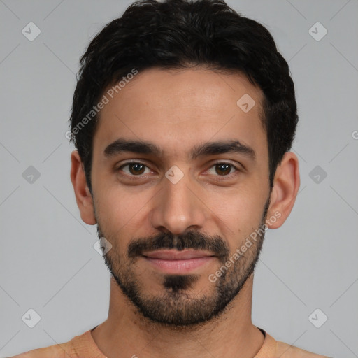 Neutral white young-adult male with short  black hair and brown eyes