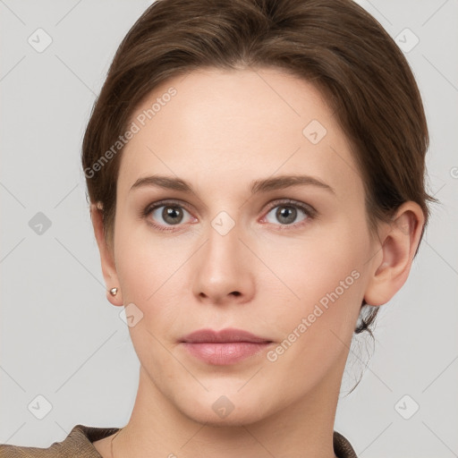 Neutral white young-adult female with short  brown hair and grey eyes