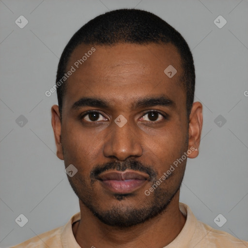Neutral black young-adult male with short  black hair and brown eyes