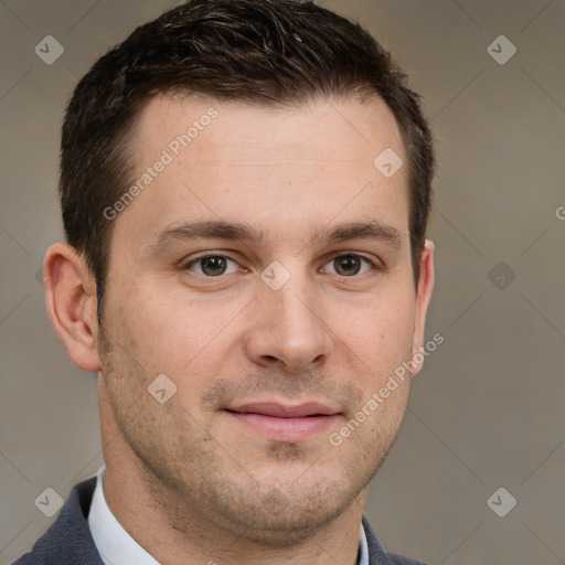 Neutral white adult male with short  brown hair and grey eyes