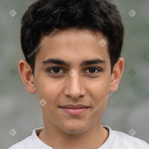 Joyful latino young-adult male with short  brown hair and brown eyes