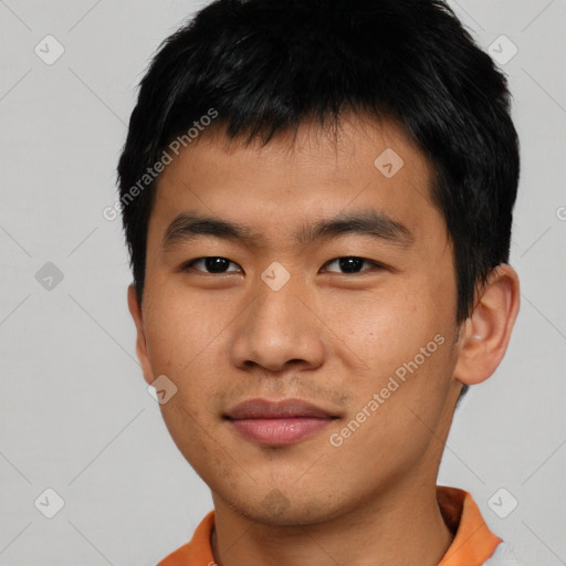 Neutral asian young-adult male with short  black hair and brown eyes