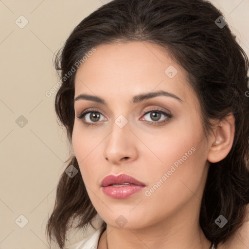 Neutral white young-adult female with medium  brown hair and brown eyes