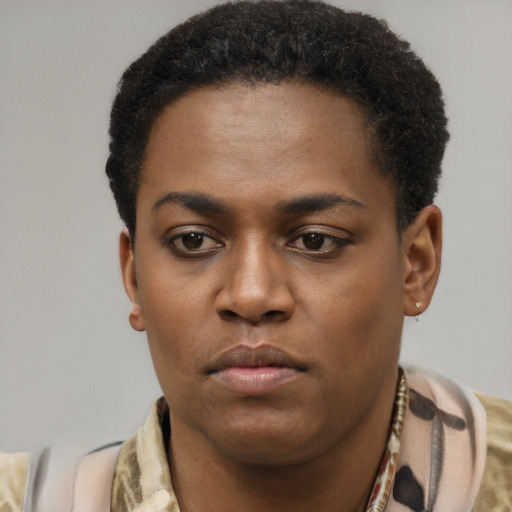 Neutral latino young-adult female with short  brown hair and brown eyes
