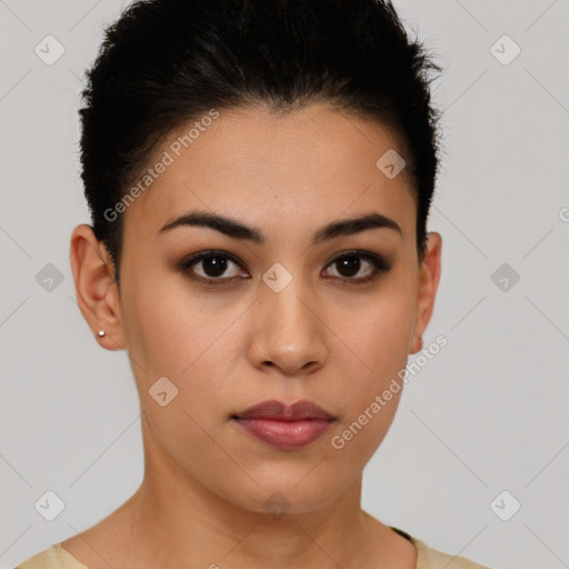 Neutral latino young-adult female with short  brown hair and brown eyes