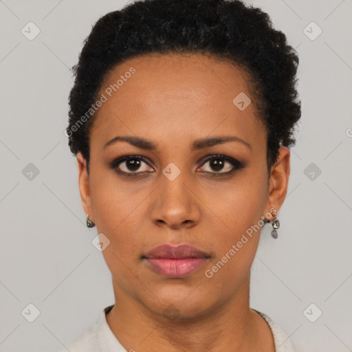 Neutral black young-adult female with short  black hair and brown eyes