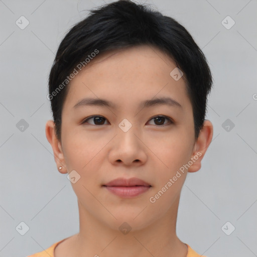 Neutral asian young-adult female with short  brown hair and brown eyes