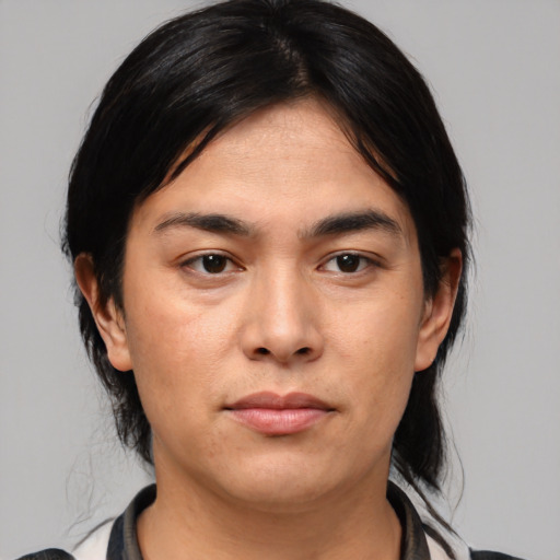 Neutral asian young-adult female with medium  black hair and brown eyes