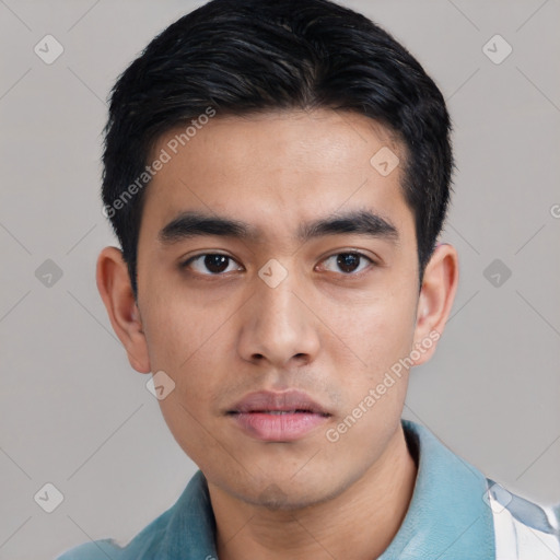 Neutral asian young-adult male with short  black hair and brown eyes