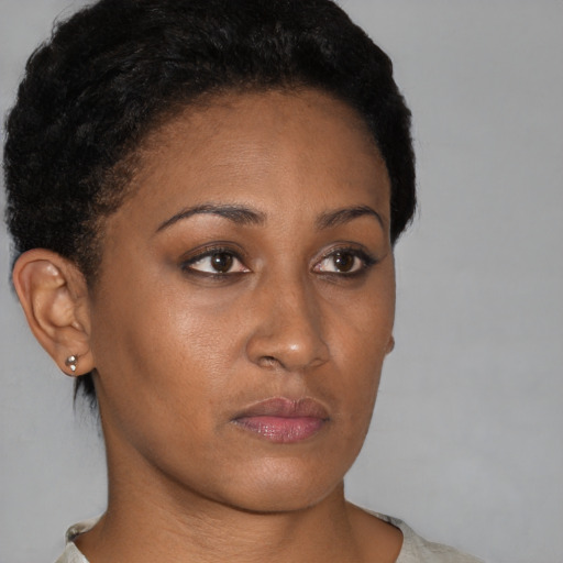 Neutral black young-adult female with short  brown hair and brown eyes
