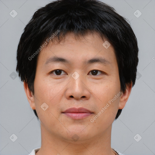 Neutral asian young-adult male with short  brown hair and brown eyes