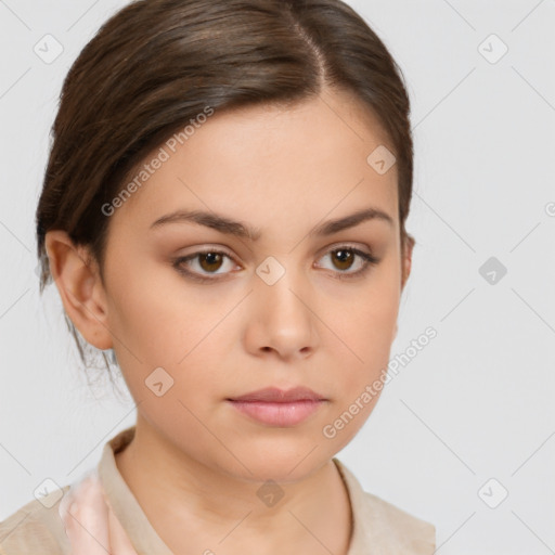 Neutral white young-adult female with medium  brown hair and brown eyes