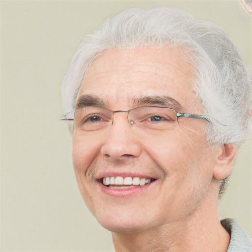 Joyful white middle-aged male with short  gray hair and brown eyes