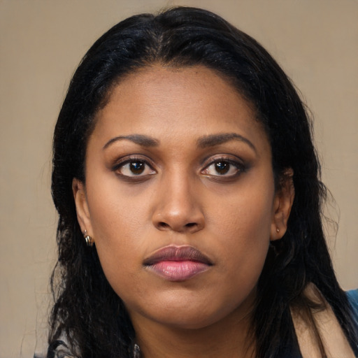 Neutral latino young-adult female with long  black hair and brown eyes