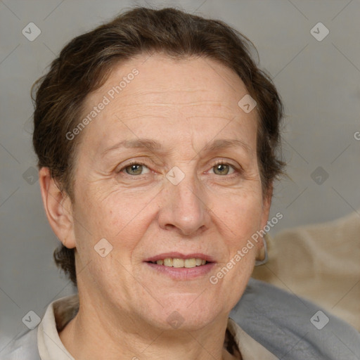 Joyful white middle-aged female with short  brown hair and brown eyes