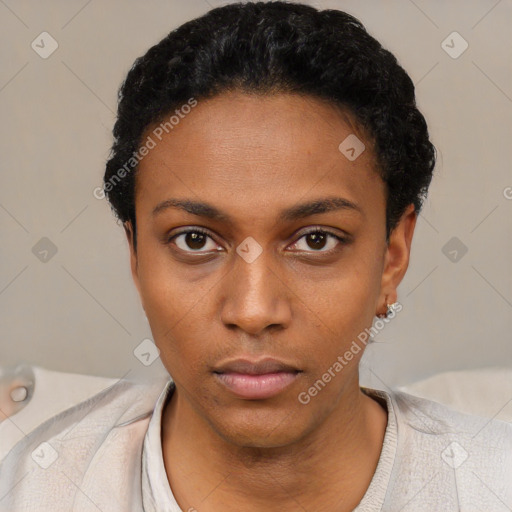 Neutral black young-adult female with short  black hair and brown eyes