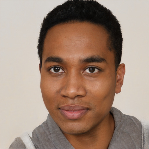 Neutral black young-adult male with short  black hair and brown eyes