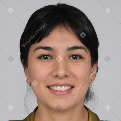 Joyful white young-adult female with medium  black hair and brown eyes