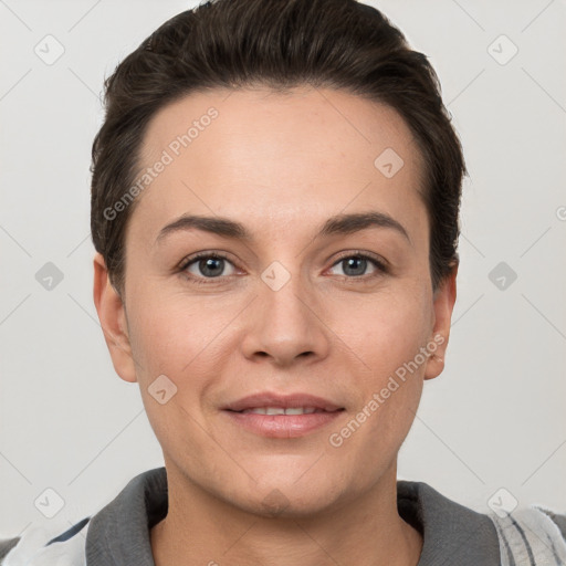 Joyful white young-adult female with short  brown hair and brown eyes