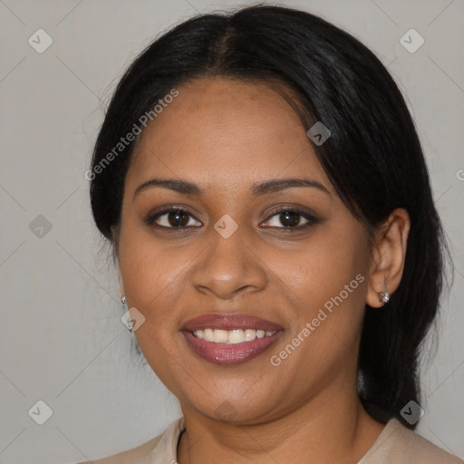 Joyful black young-adult female with medium  brown hair and brown eyes