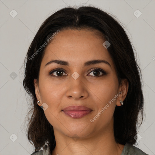 Joyful latino young-adult female with medium  brown hair and brown eyes