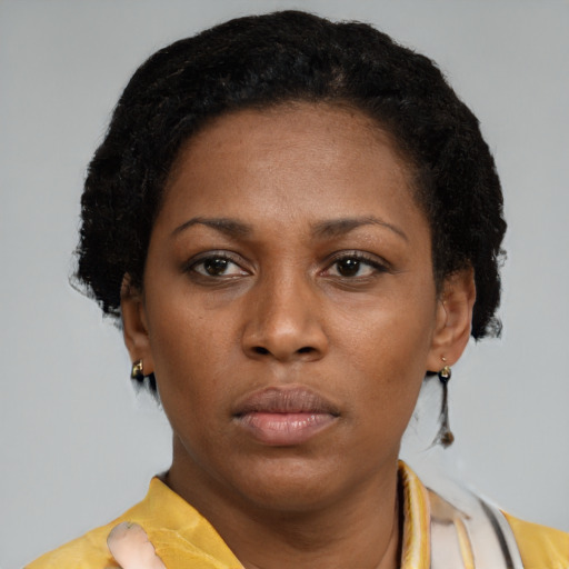 Neutral black young-adult female with short  brown hair and brown eyes
