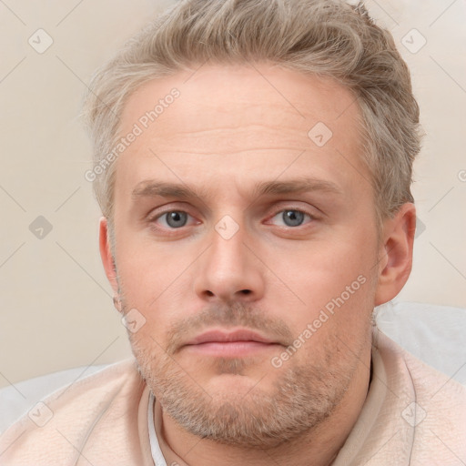 Neutral white adult male with short  brown hair and grey eyes